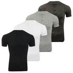 Mens Henley T-shirt Short Sleeve Ex Brand Plain Grandad Neck Tops Casual Summer