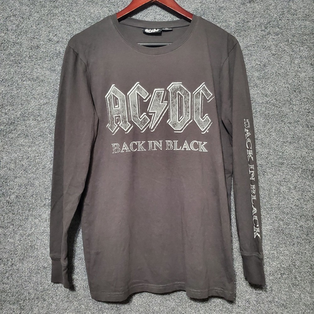 AC DC Back in Black Long Sleeve Shirt Gray Spellout Medium Rock Band Arm Graphic