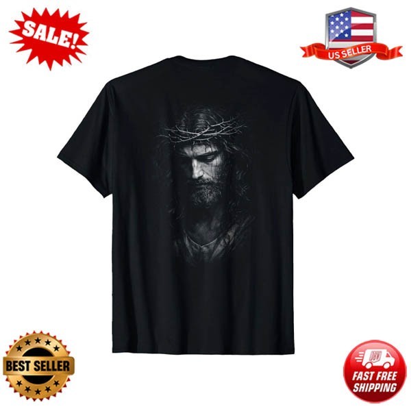 Sacred Jesus with Crown of Thorns Portrait Backprint T-Shirt