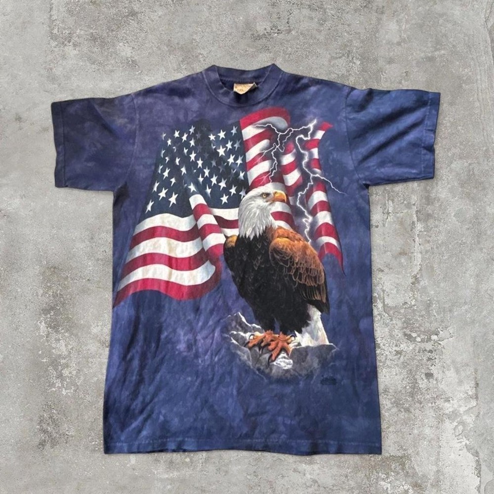 Vintage The Mountain Bald Eagle Shirt Mens M American Flag Blue Tie Dye USA