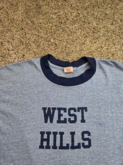 Vintage Collegiate Pacific Shirt Large Blue Ringer Short Sleeve West Hills 70s