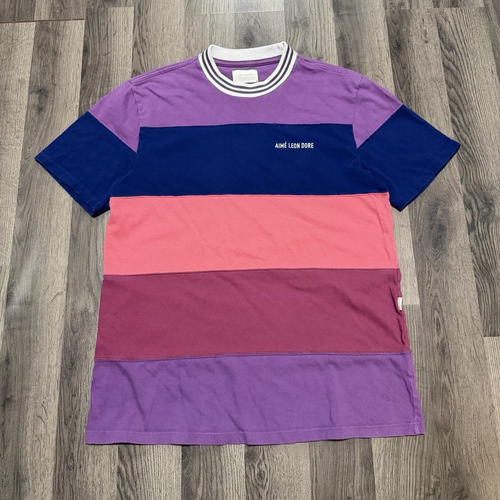2019 Aime Leon Dore Striped Ribbed Collar Tee Purple Men’s Size Medium