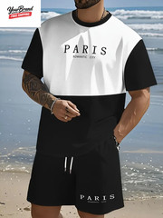 Fashion Paris Print T-Shirt Shorts 2-Piece Set Men’S Short Sleeve Tee Elastic Wa