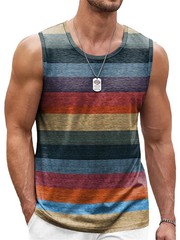 Mens Retro Striped 3D Printed Tank Top Quick Dry Sleeveless Summer Beach Gift