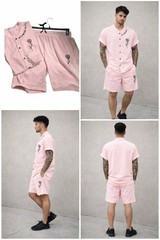 Manfinity Homme Men’s 2-Piece Set Large Baby Pink Button Shirt & Shorts Rose Gra