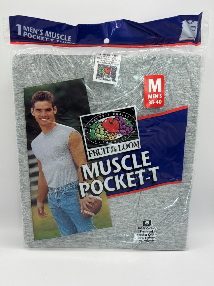 Vintage Dead Stock 1998 Fruit Of The Loom Muscle Pocket T Shirt Mens Medium Gray