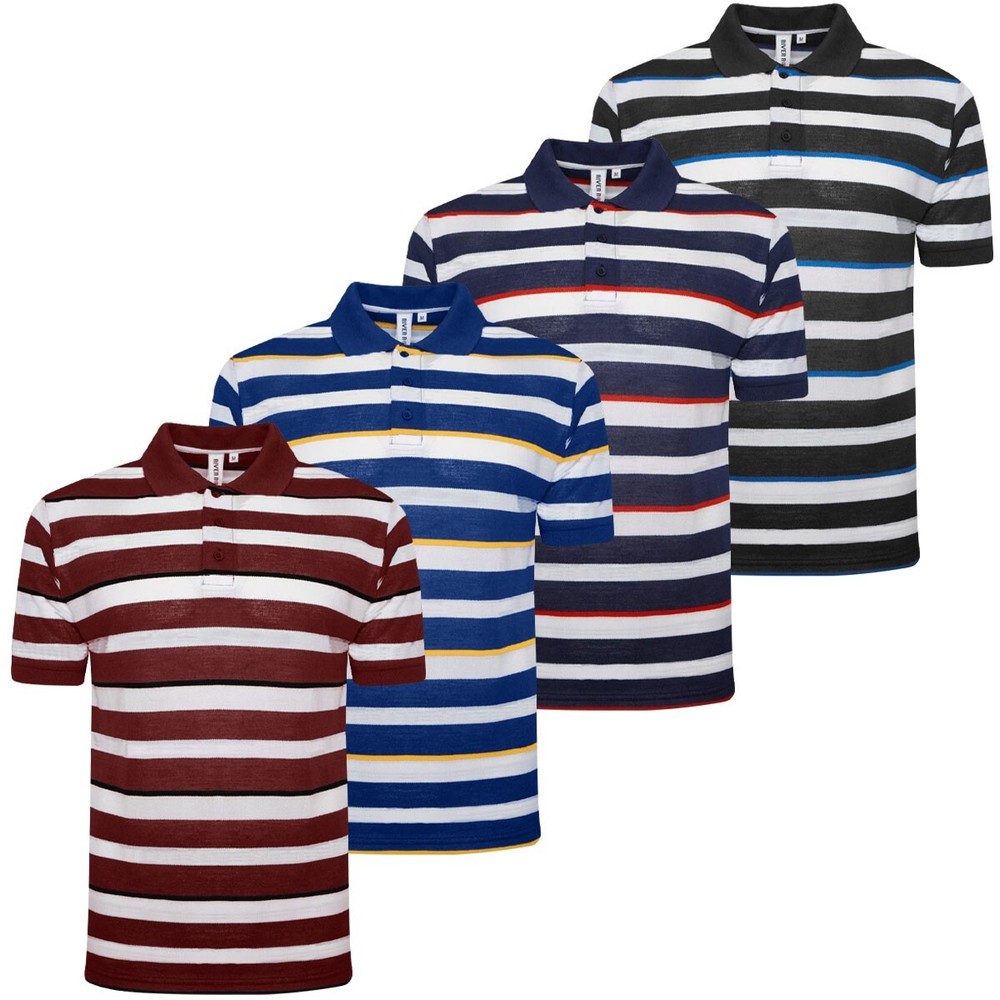 Mens Striped Polo Shirt Short Sleeve Pique T-Shirt Casual Contrast Summer Te Top