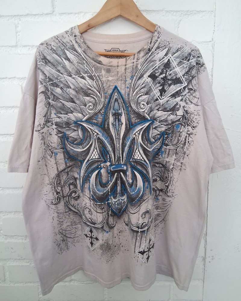 Y2K MMA Elite Cross Wings Grunge AOP GRAIL Double Sided T Shirt Vintage Size 2XL