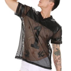 Men’s Short Sleeve Black Mesh Sheer T-shirt Transparent Fishnet Stripe Tee Tops
