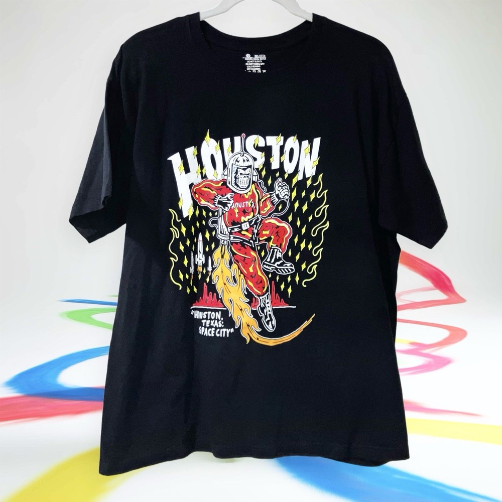 Houston Rockets Black T-Shirt Light The Fuse Space City Rocketeer Basketball L