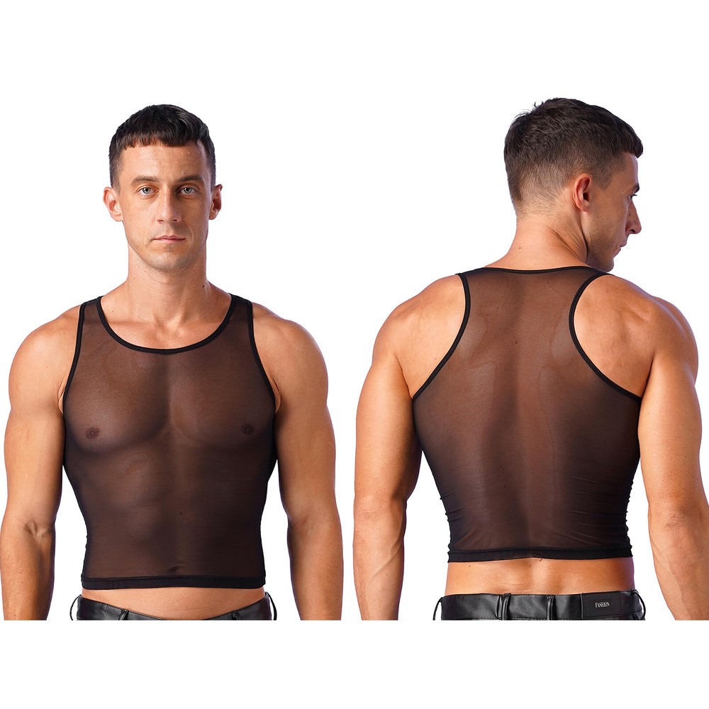 Men’s Blouse Mesh Crop Tops Club Tank Top Party Vests Sleeveless T-shirts Sexy