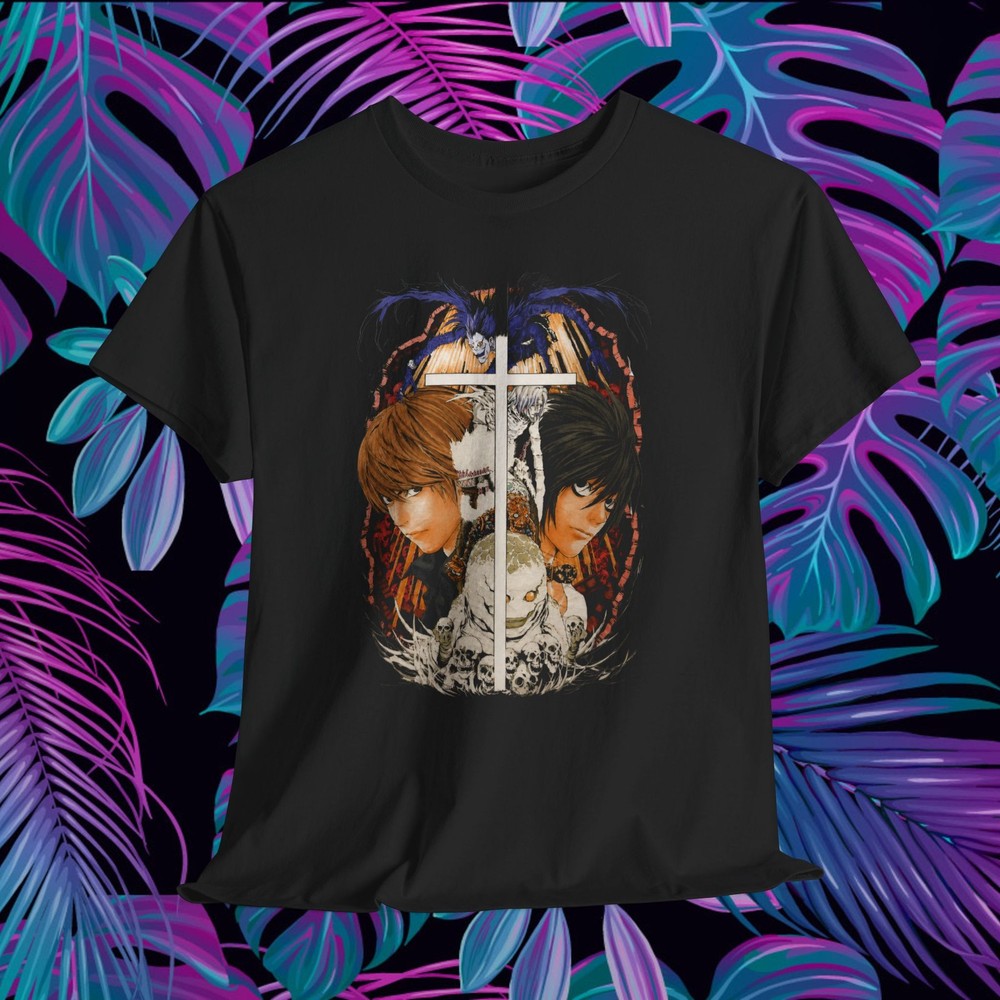 Death Note Anime T Shirt Light vs L Ryuk Cross Skull Graphic Goth Manga Tee