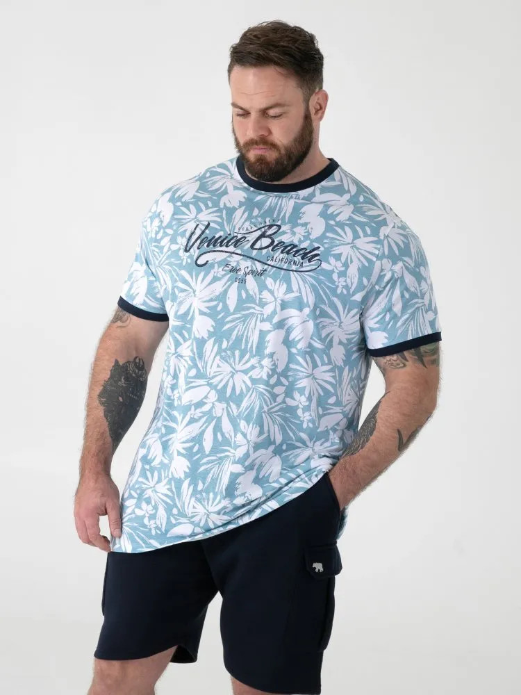 D555 Duke Mens T-Shirt Venice Beach Print Ribbed Trims Blue M L XL XXL (601917)