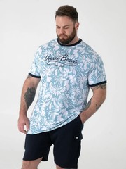 D555 Duke Mens T-Shirt Venice Beach Print Ribbed Trims Blue M L XL XXL (601917)