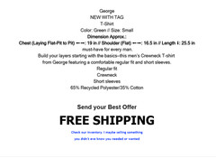 Men’s George T-Shirt Crew Neck Short Sleeve Regular Fit SMALL Green NEW