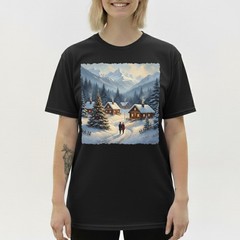 Cozy Winter Village T-Shirt Christmas Log Cabin Snow Scene Mountain Holiday Art