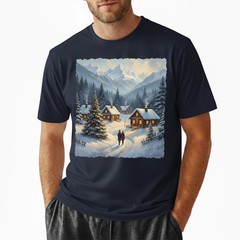 Cozy Winter Village T-Shirt Christmas Log Cabin Snow Scene Mountain Holiday Art