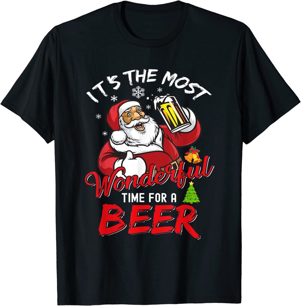 Funny Christmas Santa Claus Drinking Beer Wonderful Time T-Shirt S-5XL