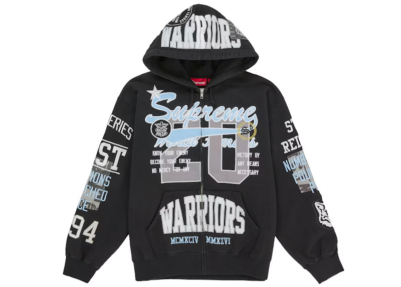 Size M Supreme Warriors Applique Zip Up Hooded Sweatshirt Black SS26