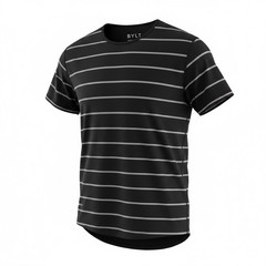 BYLT Drop Cut Lux Shirt Mens Striped Short Sleeve Performance Stretch Black Sz L