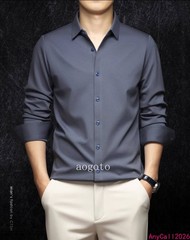 Spring Mens Long Sleeve Shirt Silk Cotton Business Casual Formal Slim Fit Shirts