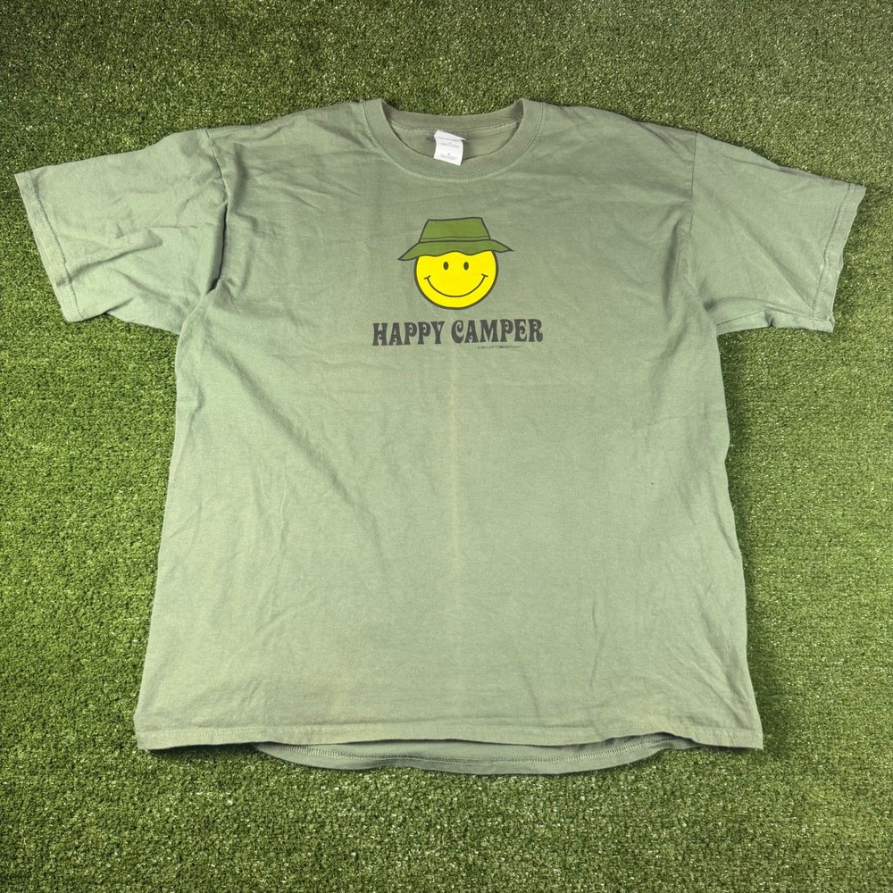 Gildan Happy Camper Smiley Face Bucket Hat Graphic T-Shirt Olive Green XL