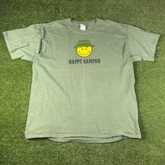 Gildan Happy Camper Smiley Face Bucket Hat Graphic T-Shirt Olive Green XL