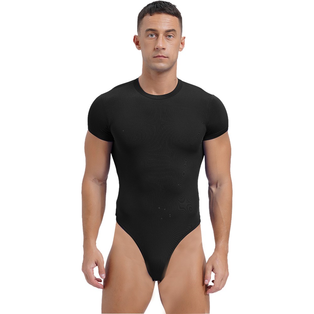 Men’s Short Sleeve Bodysuit Athletic High Waist Jumpsuit Stretchy Button Bodycon