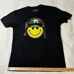Smiley Face Military Helmet Graphic T-Shirt Black Men’s Large Streetwear Tee