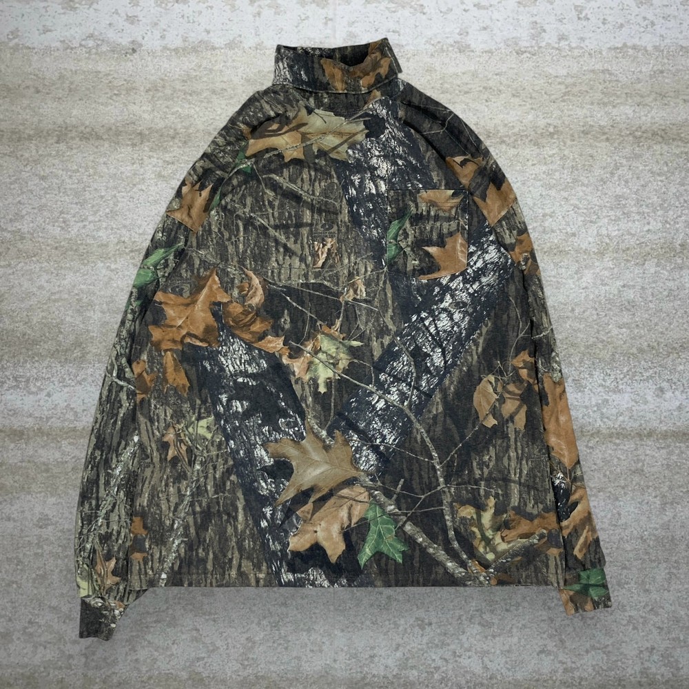 Vintage 90s Mossy Oak Cowl Neck Shirt Mens XL Hunting Camo Woodland Long Sleeve
