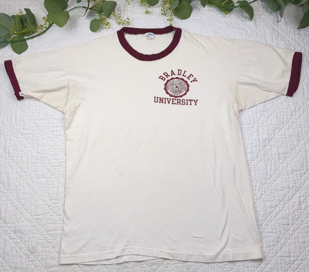 VTG Champion Bradley Uni White Ringer Tee Size XL Made in USA Single Stitch