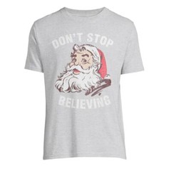 Holiday Time Men’s Santa Don’t Stop believing Graphic Tee Light Grey classic top