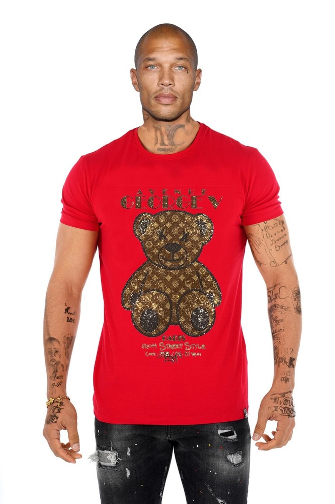 Avenue George V Paris Short Sleeves Red T-shirt Rhinestone Golden Teddy bear
