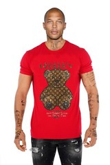 Avenue George V Paris Short Sleeves Red T-shirt Rhinestone Golden Teddy bear
