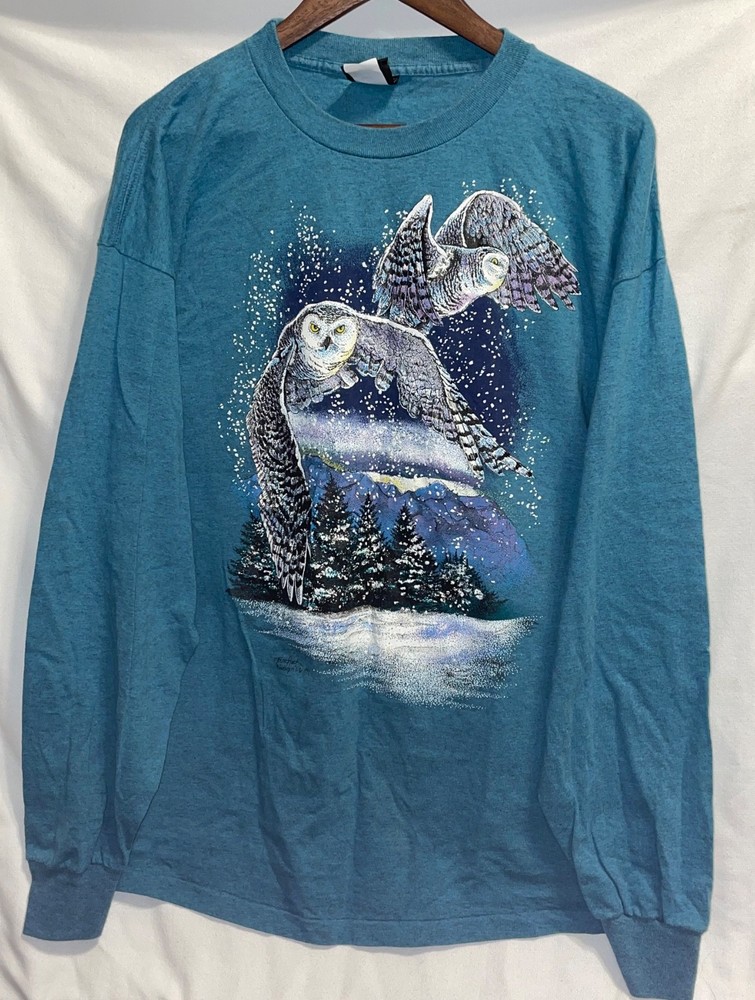 TERESA HOUK FLYING OWL T SHIRT SIZE XXL TEAL BLUE LONG SLEEVE WINTER SNOW SCENE