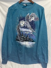 TERESA HOUK FLYING OWL T SHIRT SIZE XXL TEAL BLUE LONG SLEEVE WINTER SNOW SCENE