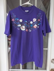 Vintage 90s Hanes T-shirt L Purple Sea Shell Single Stitch Gold Sparkle Coastal
