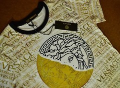 Versace Men’s Medusa T-Shirt Gold Black All Over Logo Short Sleeve Tee Size XL