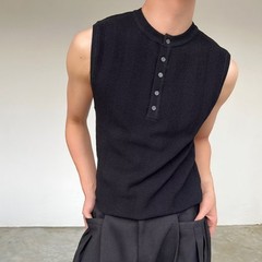 Men’s Ribbed Vest Sleeveless For Henry Collar Slim Fit Streetwear Sports Top