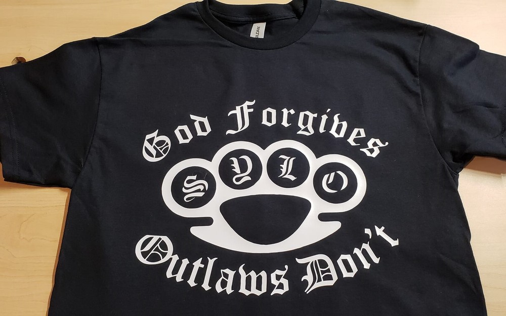 God Forgives Support your local Outlaws Biker Motorcycle MC t shirt outlaw