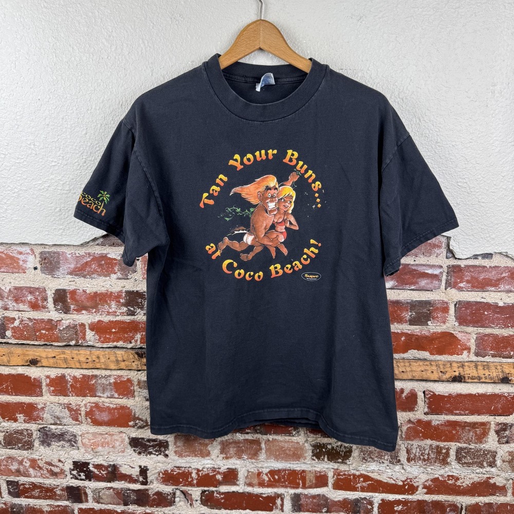 Vintage Coco Beach Shirt Mens Large Black Tan Your Buns Graphic Funny Beach 90s