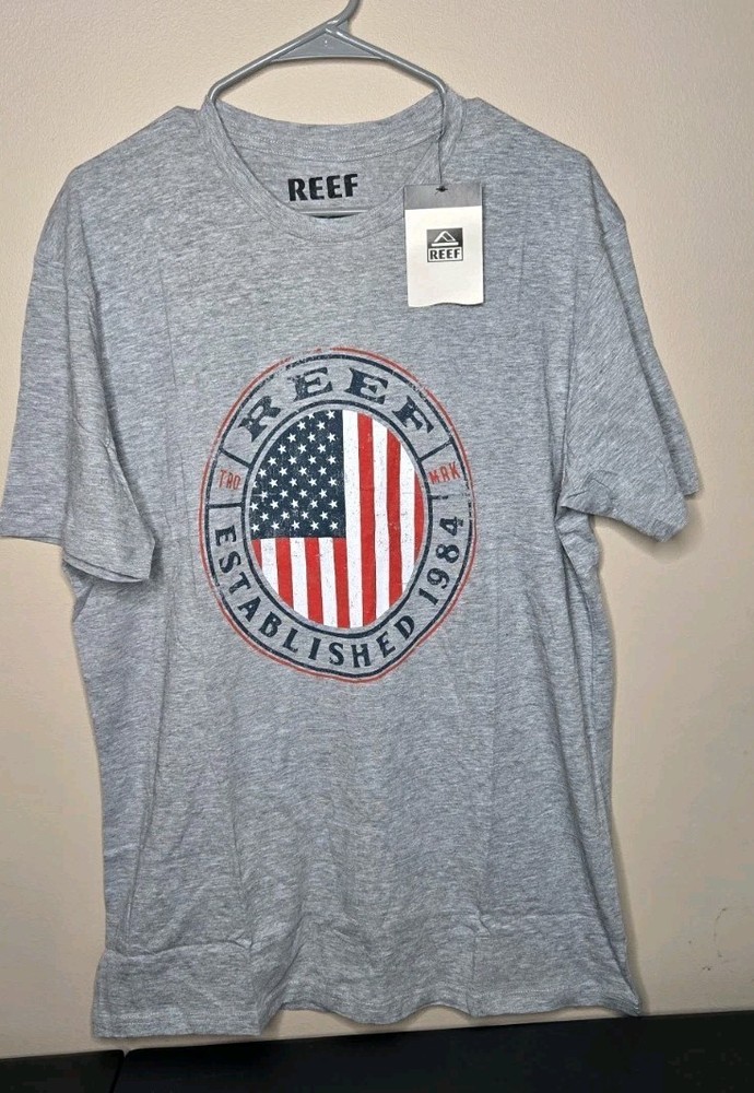 Reef T-Shirt Sz Large Estabished 1984 US Flag Surfing Surfer Tee Heater Gray