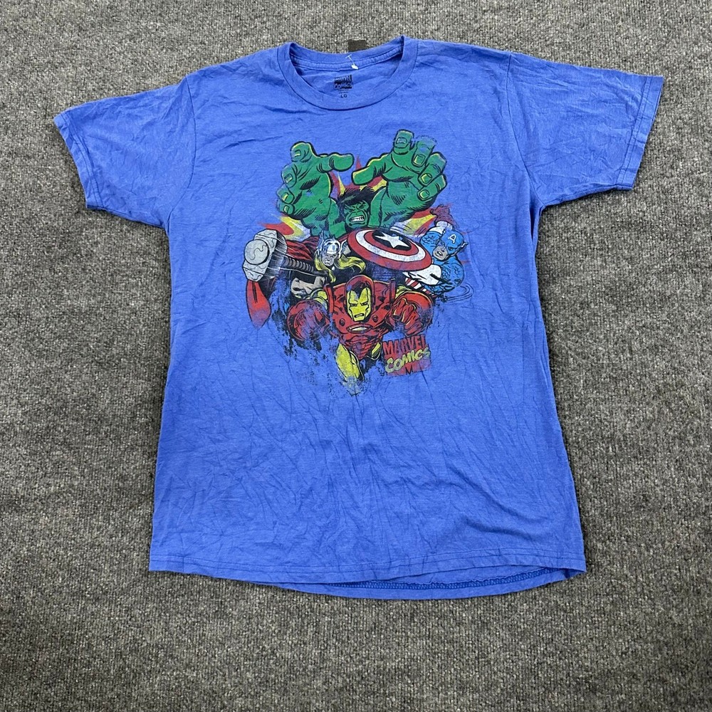 Marvel Comics T-Shirt Mens Size LG Blue Graphic Avengers Crew Neck Short Sleeve