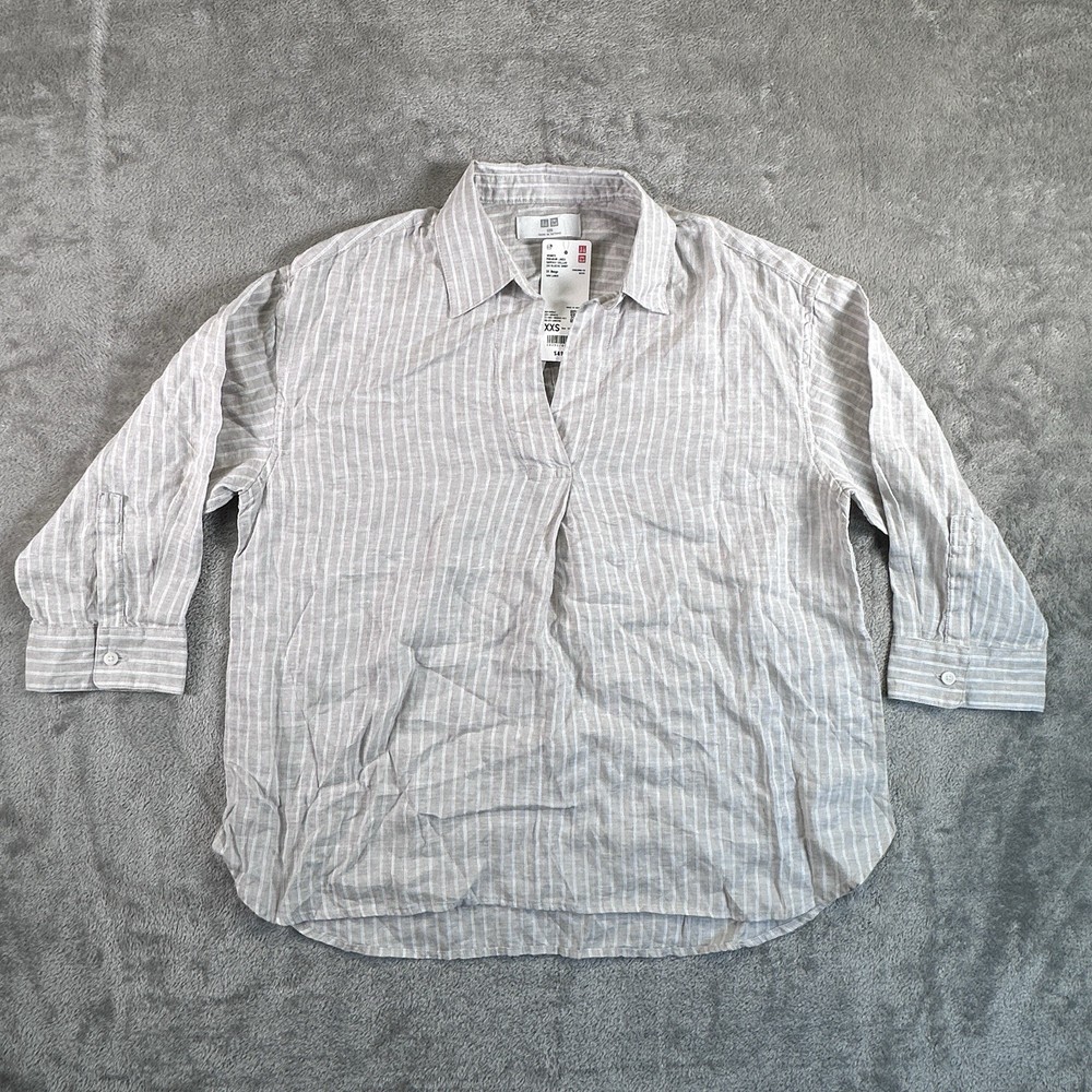 Uniqlo Linen T-Shirt Women XXS Linen Skipper Collar 3/4 Sleeve Shirt Striped