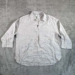 Uniqlo Linen T-Shirt Women XXS Linen Skipper Collar 3/4 Sleeve Shirt Striped