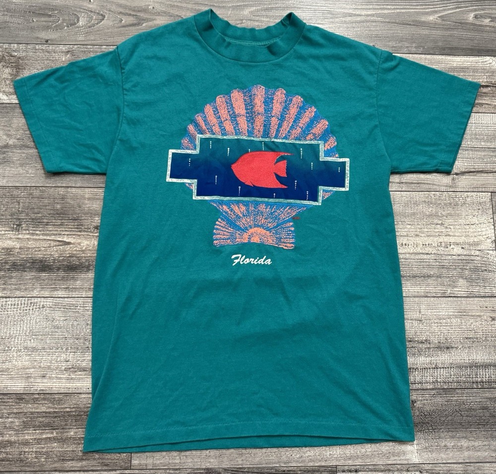Vintage Florida Seashell Fish Shirt Adult Large Blue Ocean 80’s Single Stitch