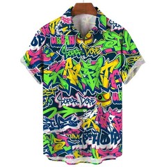 Mens Button Down Shirts Graffiti Printed Hawaiian Colour Top Summer Gift Shirt