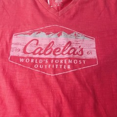 Cabela’s Red Graphic Logo Print T-Shirt V-Neck Short Sleeve Cotton Knit L