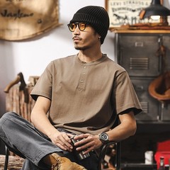 American retro T-shirt men new short-sleeved men summer Henry collar