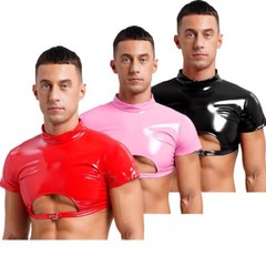 Mens Clubwear Nightout Crop Top Shiny Vest Halloween Costume Half Tops Glossy